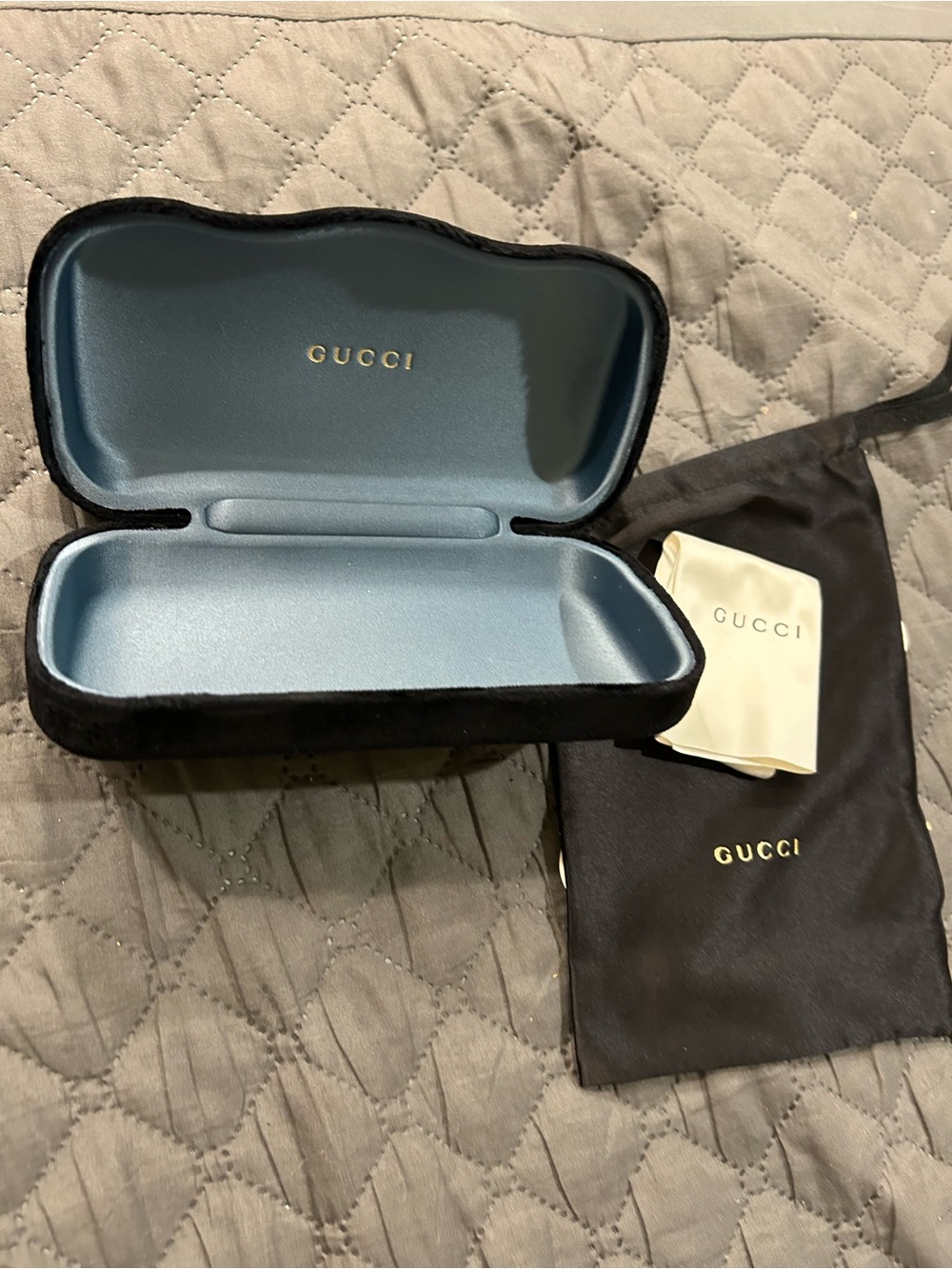 Gucci Black Velvet Sunglass Case with Light Blue Interior and Gold Logo